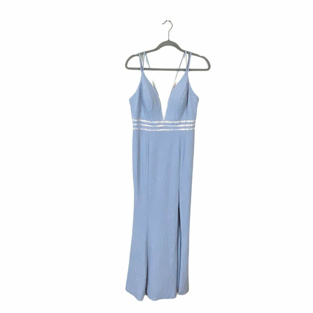 Cachet Evening Gown Dress Prom Blue Deep Plunge Neck Front Slit Formal Size 8